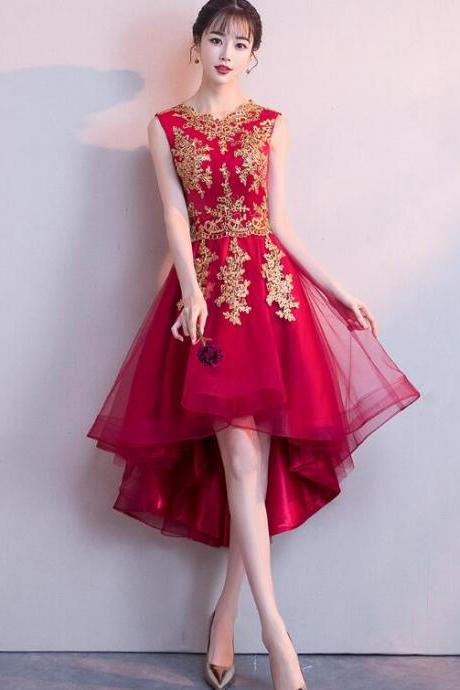 Adorable Wine Red High Low Homecoming Dress With Gold Applique, Cute Party Dress.pl5351