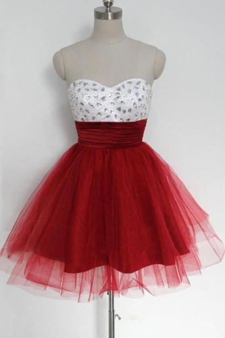 Cute Red And White Tulle Beaded Short Party Dress, Sweetheart Prom Dress,pl5359