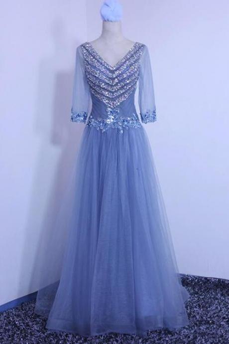 Beautiful Blue 1//2 Sleeves Beaded Tulle Evening Dress, Handmade Formal Dresses ,pl5375