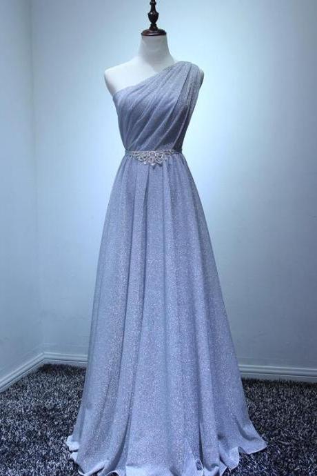 Grey Sliver Long One Shoulder Elegant Bridesmaid Dress With Belt, Long Formal Gowns,pl5376