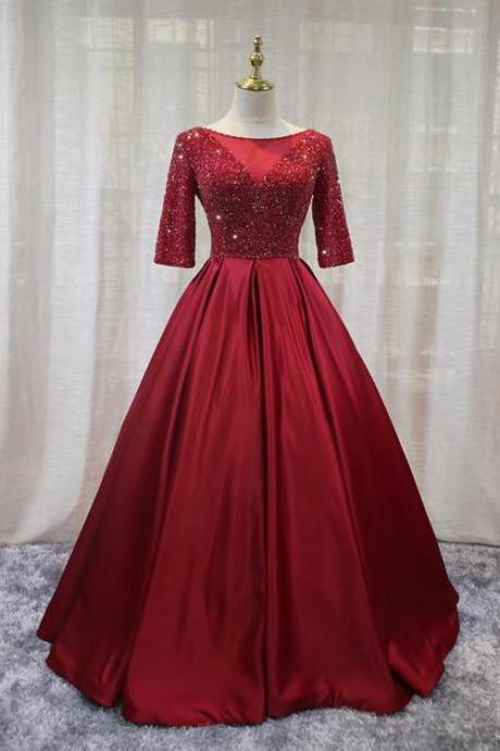 Gorgeous Red Handmade Beaded Short Sleeves Party Gown, Red Prom Gown ,pl5377
