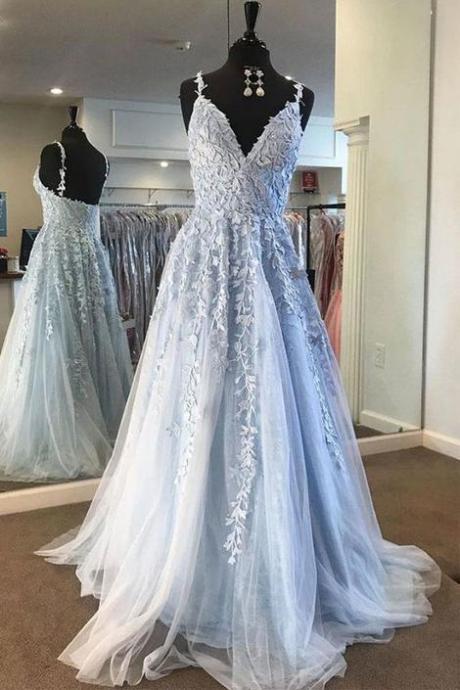 Light Blue Lace Prom Dress Long, Evening Dress, Dance Dress, Graduation School Party Gown,pl5394