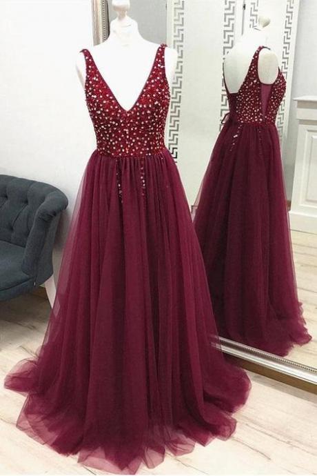 V Neckline Prom Dress Beaded Top, Prom Dresses, Evening Dress, Dance Dress, Graduation School Party Gown,pl5398