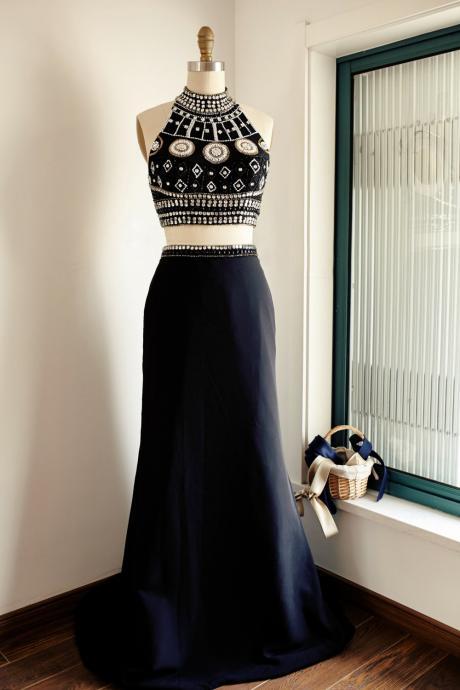 Black Satin Two-piece Halter Beaded Bodice Long Prom Dress, Black Sweep Train Prom Gown Evening Dress With Open Back,pl5424