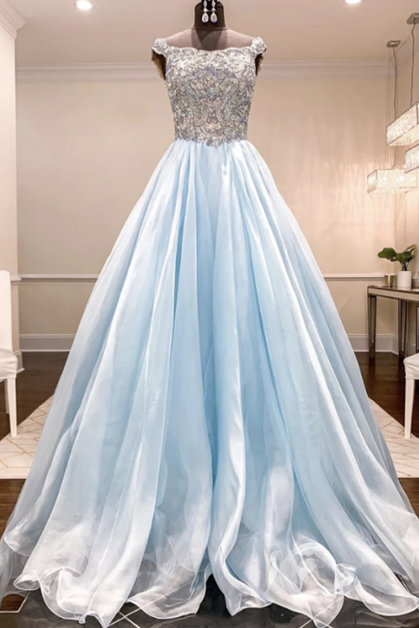 Blue Chiffon Beads Long Prom Gown,pl5428