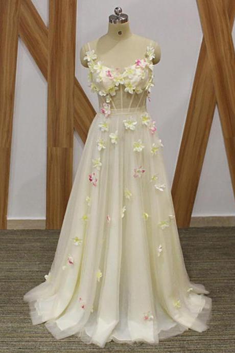 Ivory Tulle Spaghetti Straps Long 3d Lace Applique Senior Prom Dress, Evening Dress,pl5429