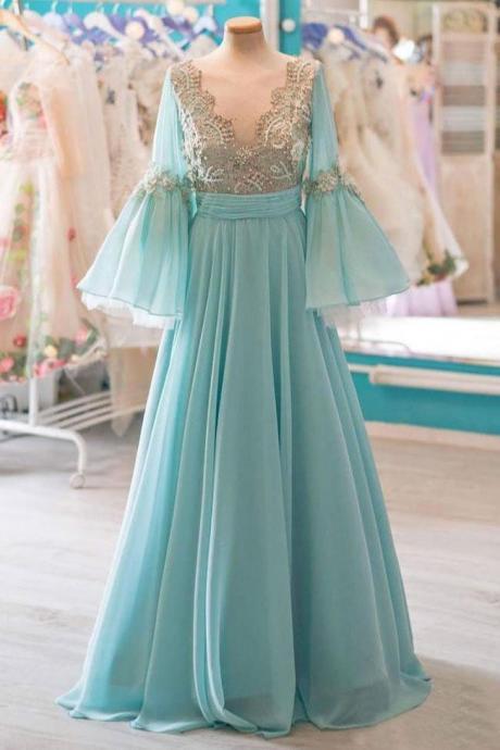 Modest A-line Chiffon Long Prom Dresses With Flare Sleeves,pl5431