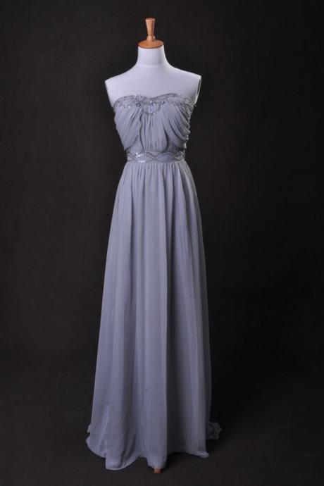 Silver Prom Dress A Line Strapless Floor Length Sweep/brush Train Chiffon ,pl5437