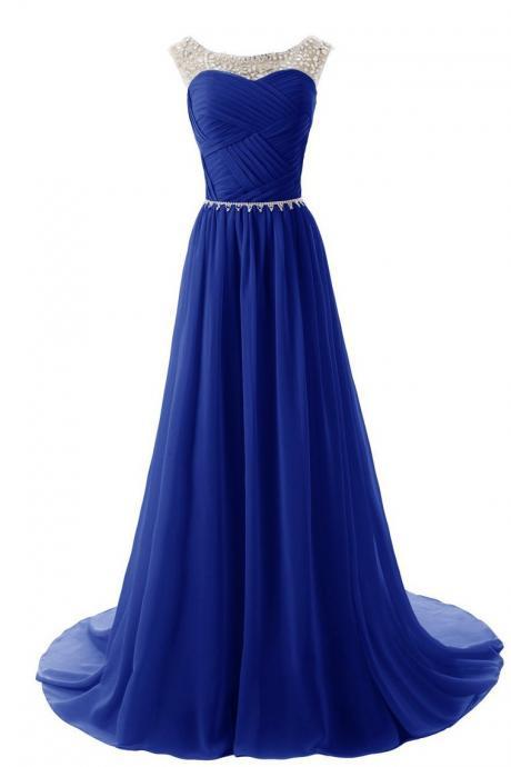 Scoop Prom Dresses A Line Pleated Bodice Chiffon With Beads Dark Royal Blue,pl5440