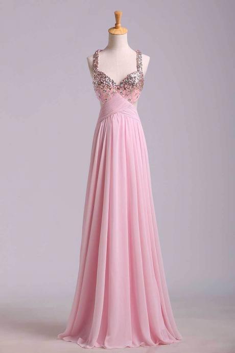 Prom Dresses A-line Cross Back Floor-length Chiffon Pink Ready To Ship,pl5443