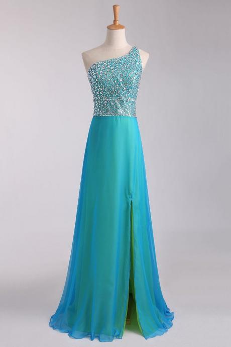 Multi Color Prom Dress One Shoulder Beaded Bodice Backless With A Sexy Slit,pl5456