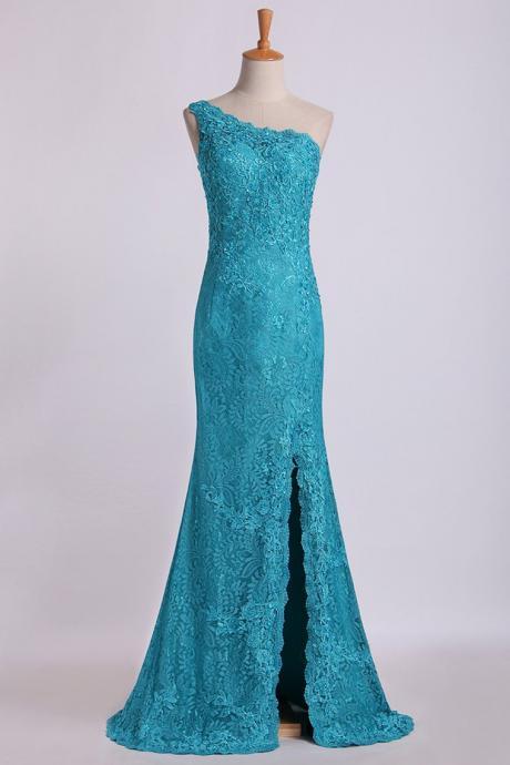 One-shoulder Sheath Prom Dresses Beaded Lace Floor-length Zipper Back,pl5460
