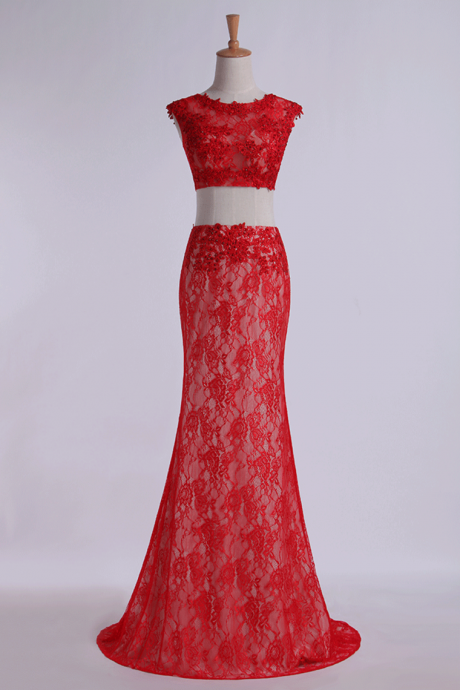 Two Pieces Bateau Mermaid Prom Dresses Floor Length Lace With Applique,pl5465