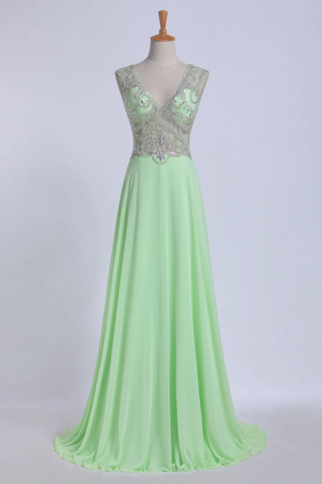 V-neck Prom Dresses A-line/princess With Beads Chiffon&tulle,pl5471