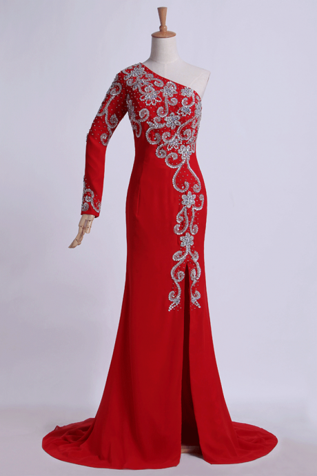 Long Dress One Sleeve Beaded Bodice Sheath/column With Chiffon Skirt,pl5472