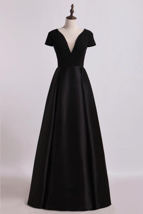 Open Back V-neck Short Sleeve A-line Satin Evening Dress Black Bodice Floor-length,pl5483