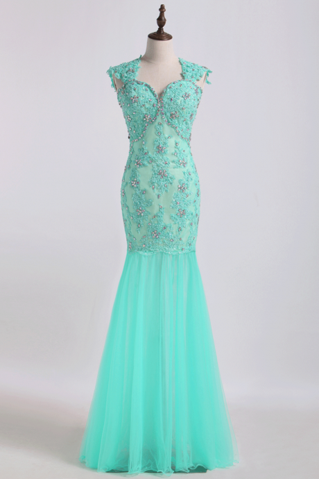 Prom Dresses V Neck Mermaid/trumpet Champagne With Applique&beads Floor Length Tulle,pl5485