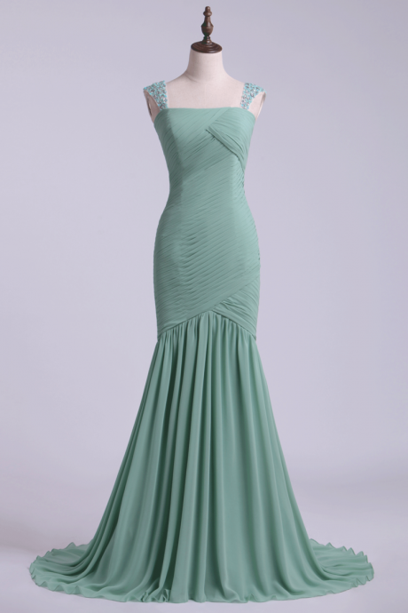 Long Prom Dresses Straps Ruffled Bodice Beaded Selling,pl5489