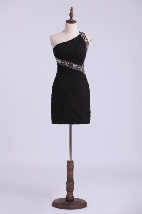 Black Homecoming Dresses Sheath Short/mini One Shoulder With Ruffle And Beading,pl5490
