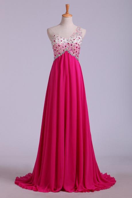 Prom Dresses A Line One Shoulder With Beading Tulle & Chiffon Sweep Train,pl5491