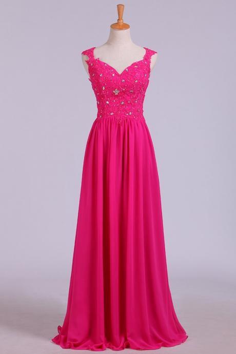 V-neck A-line/princess Prom Dress With Beads & Applique Tulle And Chiffon,pl5494