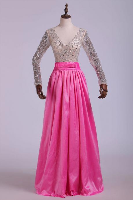 Prom Dresses V Neck A Line Taffeta With Beading Floor-length Long Sleeves,pl5504