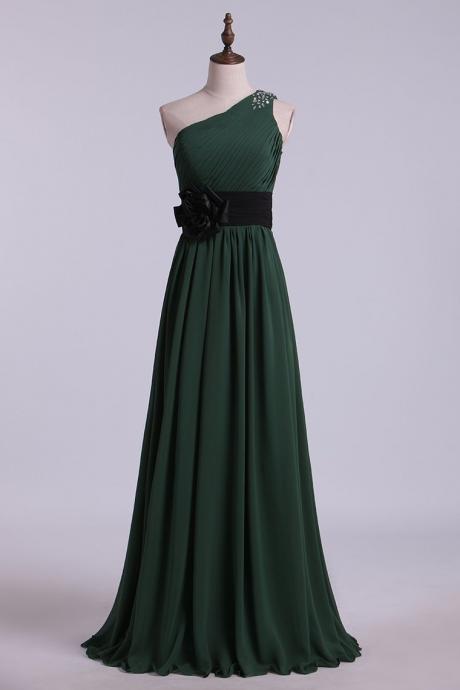 One Shoulder A Line Prom Dress With Ruffles And Beads Floor Length Chiffon.pl5509