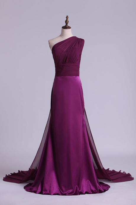 One Shoulder Evening Dresses With Ruffles Sweep Train,pl5511