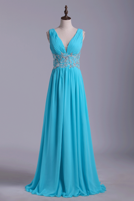 Straps A Line Prom Dresses Chiffon With Applique & Ruffles Floor Length.pl5512