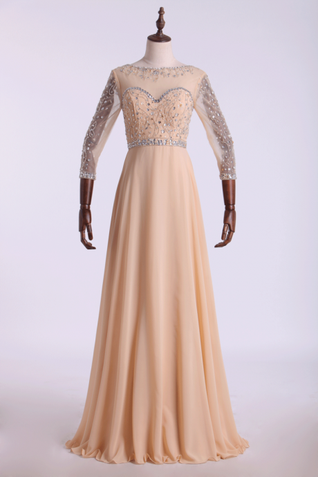 Prom Dresses Bateau 3/4 Length Sleeve A Line Chiffon With Beads,pl5516