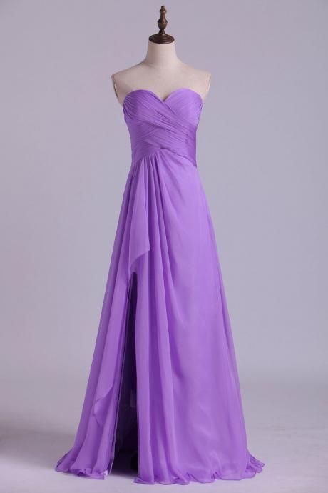 Sweetheart Neckline Chic Dress Pleated Bodice A Line Chiffon With Slit,pl5533