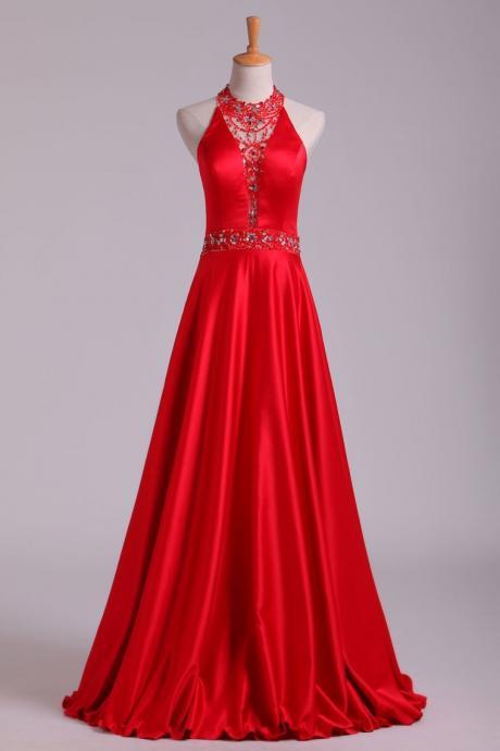 Open Back A Line Halter Satin Prom Dresses With Beading Floor Length,pl5540