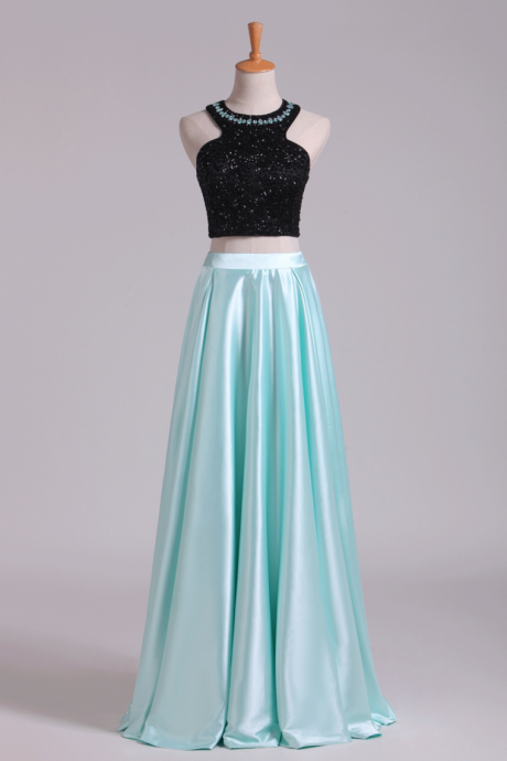Prom Dresses A-line Scoop Elastic Satin Two Pieces Black Bodice Backless Floor-length,pl5541
