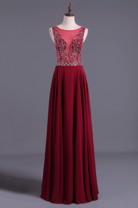 Burgundy/maroon Scoop A Line Prom Dresses Chiffon A Line With Beading,pl5545