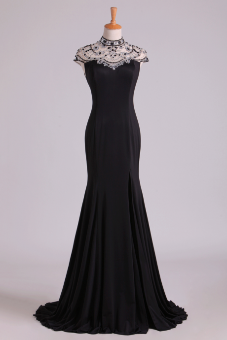 High Neck Sheath Prom Dresses Spandex With Beading & Slit,pl5548