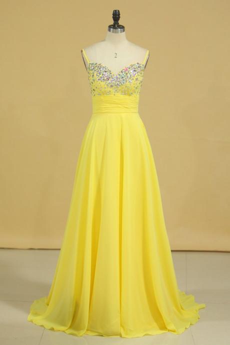 Prom Dress Spaghetti Straps Rhinestone Beaded Bodice Runched Waistband With Flowing Chiffon Skirt,pl5551