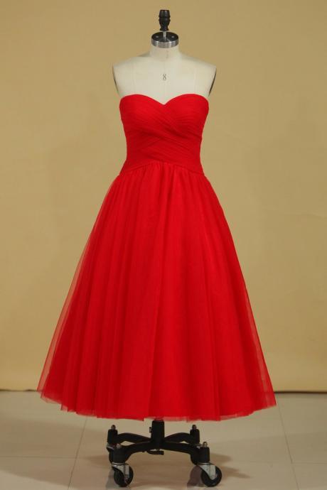 Red Sweetheart Prom Dresses A Line Tulle With Ruffles Ankle Length ,pl5552