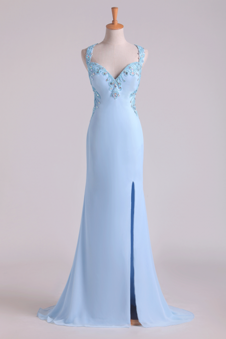 A Line Two-piece Halter Beaded Bodice Open Back Prom Dresses Chiffon & Tulle,pl5560
