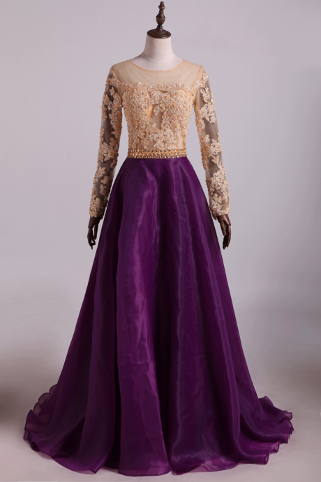 Prom Dresses Scoop A Line With Applique And Beads Floor Length Long Sleeves,pl5573