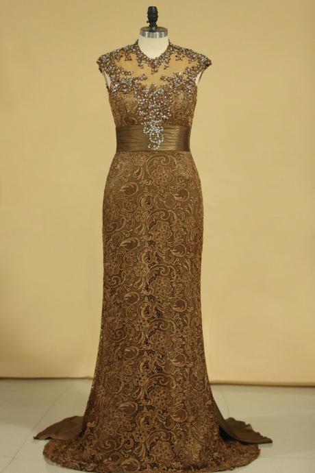 Brown High Neck Evening Dresses Column With Beading Lace Sweep Train,pl5583