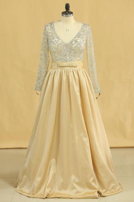 Prom Dresses V Neck Long Sleeves A Line Taffeta With Beading Floor-length ,pl5584