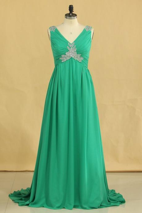 V Neck A Line Plus Size Prom Dresses Chiffon Sweep Train With Ruffles & Beads，pl5586