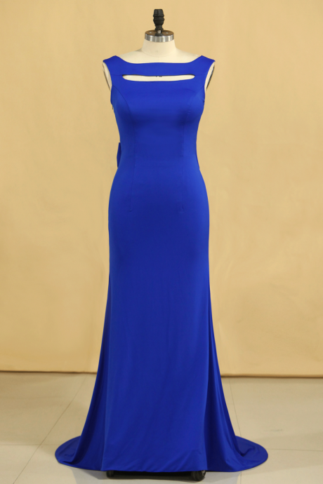 Plus Size Prom Dresses Square Neckline Sweep Train With Bow-knot Dark Royal Blue,pl5588