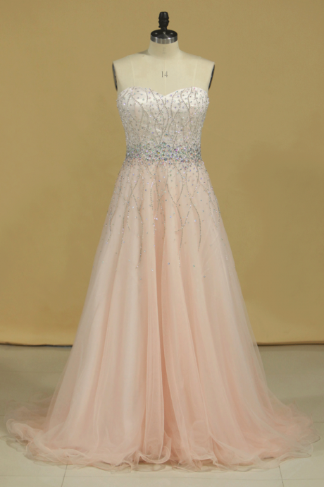 Prom Dresses Sweetheart Tulle With Beading And Rhinestones Sweep Train,pl5592