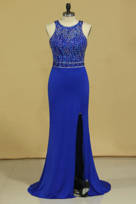 Dark Royal Blue Open Back Prom Dresses Scoop Spandex With Beading And Slit Sweep Train,pl5593