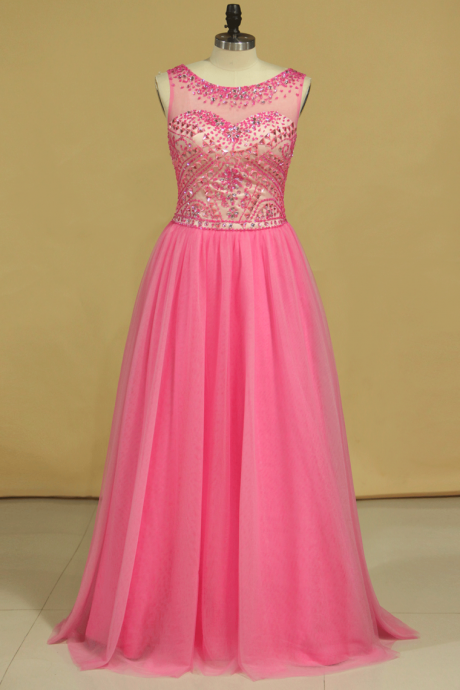 Open Back Prom Dresses Scoop A Line Beaded Bodice Floor Length Tulle,pl5594