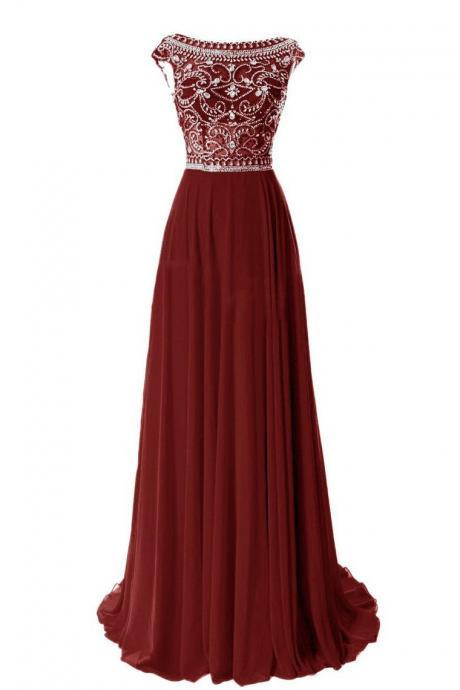 Cap Sleeves Prom Dresses Scoop A Line With Beads Sweep Train,pl5595