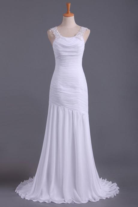 White Prom Dresses Straps Mermaid/trumpet Ruffled Bodice Beaded Open Back,pl5604