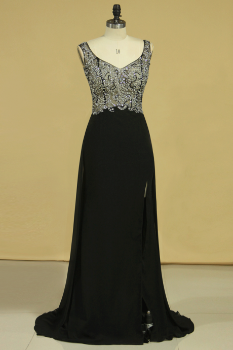Black Prom Dresses Off The Shoulder See-through Beaded Bodice Chiffon,pl5606