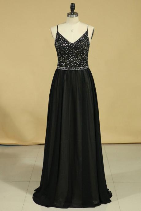 Spaghetti Straps Open Back Prom Dresses Chiffon With Applique And Beads,pl5608